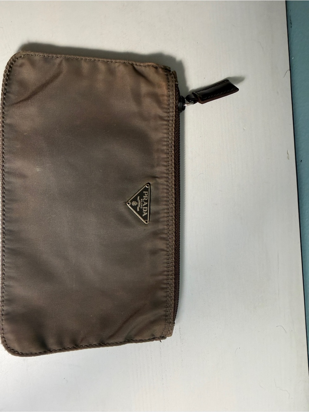 Authentic Vintage Prada Tessuto Nylon Flat Cosmetic Pouch / Clutch - Khaki Brown